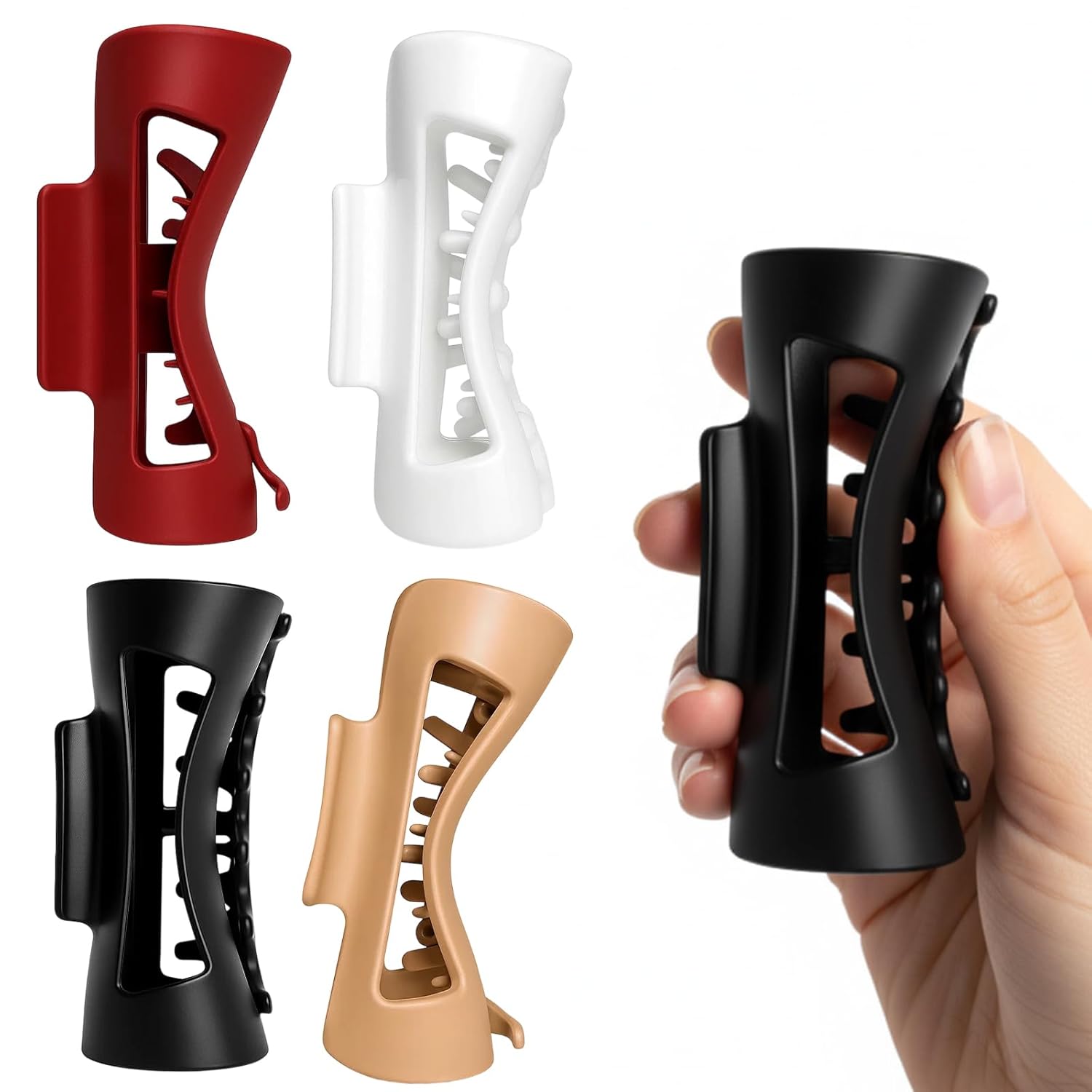 4 Pack Mello Claw Clip, Silicone Hair Clips, Flexible Hair Clip Set, Soft Round Clips for Everyday Use, Black, Red, Beige, Khaki