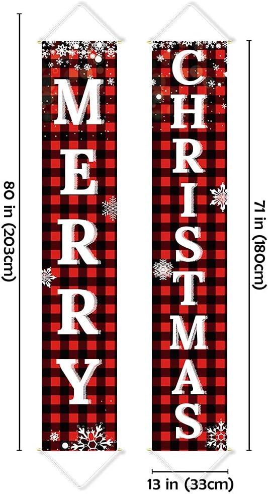 Ivenf Christmas Decorations Outdoor Yard Front Porch Sign Set, Red Black Buffalo Plaid Door Banner, Hanging Merry Christmas Decorations for Home, Indoor Outdoor Xmas Decor Wall Front Door Yard Garage
