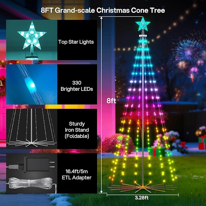 REYLAX 8FT Outdoor Christmas Cone Tree with 340 LEDs, RGB Color Changing Pre-lit Smart Christmas Tree Lights, DIY Lightshow, Music Sync, Outdoor Decoration Lights, App & Remote Control