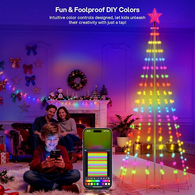 REYLAX 8FT Outdoor Christmas Cone Tree with 340 LEDs, RGB Color Changing Pre-lit Smart Christmas Tree Lights, DIY Lightshow, Music Sync, Outdoor Decoration Lights, App & Remote Control