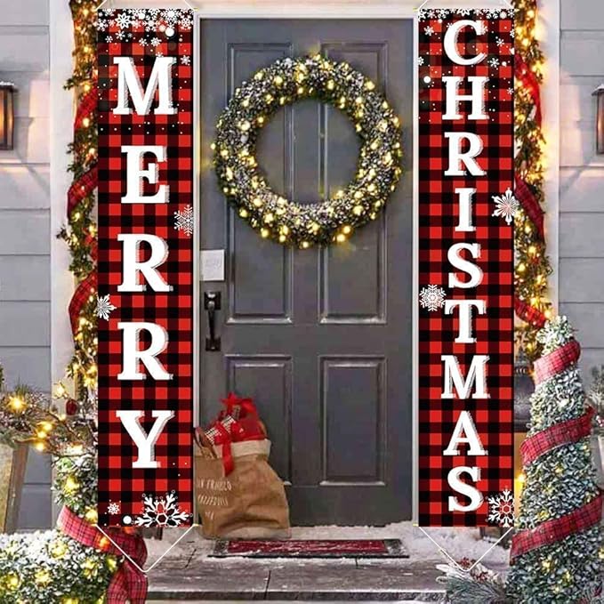 Ivenf Christmas Decorations Outdoor Yard Front Porch Sign Set, Red Black Buffalo Plaid Door Banner, Hanging Merry Christmas Decorations for Home, Indoor Outdoor Xmas Decor Wall Front Door Yard Garage