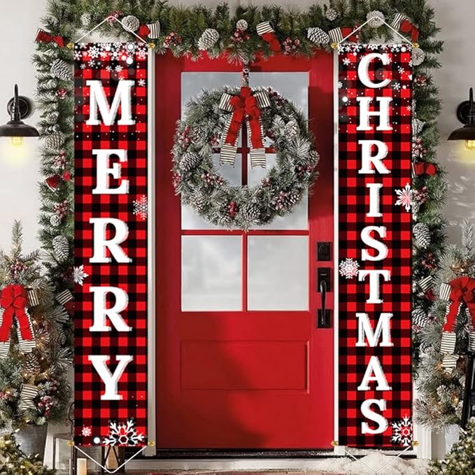 Ivenf Christmas Decorations Outdoor Yard Front Porch Sign Set, Red Black Buffalo Plaid Door Banner, Hanging Merry Christmas Decorations for Home, Indoor Outdoor Xmas Decor Wall Front Door Yard Garage