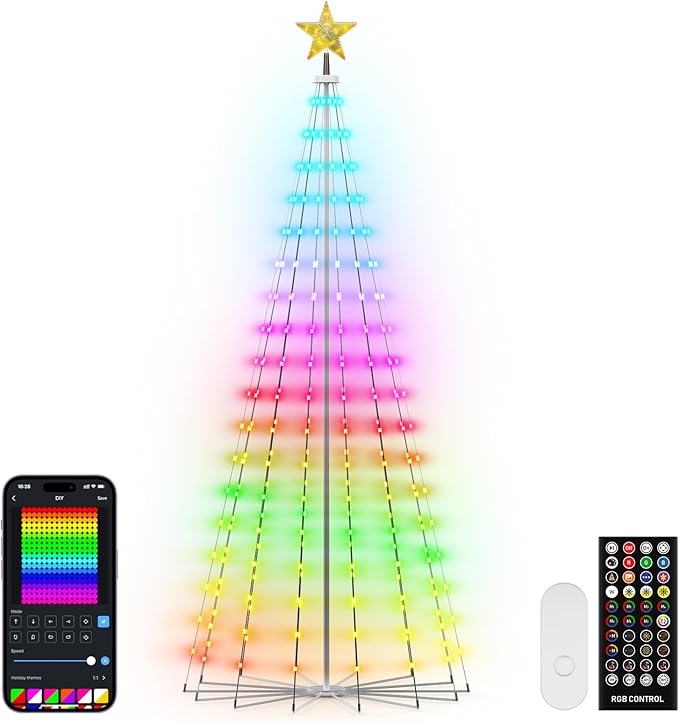 REYLAX 8FT Outdoor Christmas Cone Tree with 340 LEDs, RGB Color Changing Pre-lit Smart Christmas Tree Lights, DIY Lightshow, Music Sync, Outdoor Decoration Lights, App & Remote Control