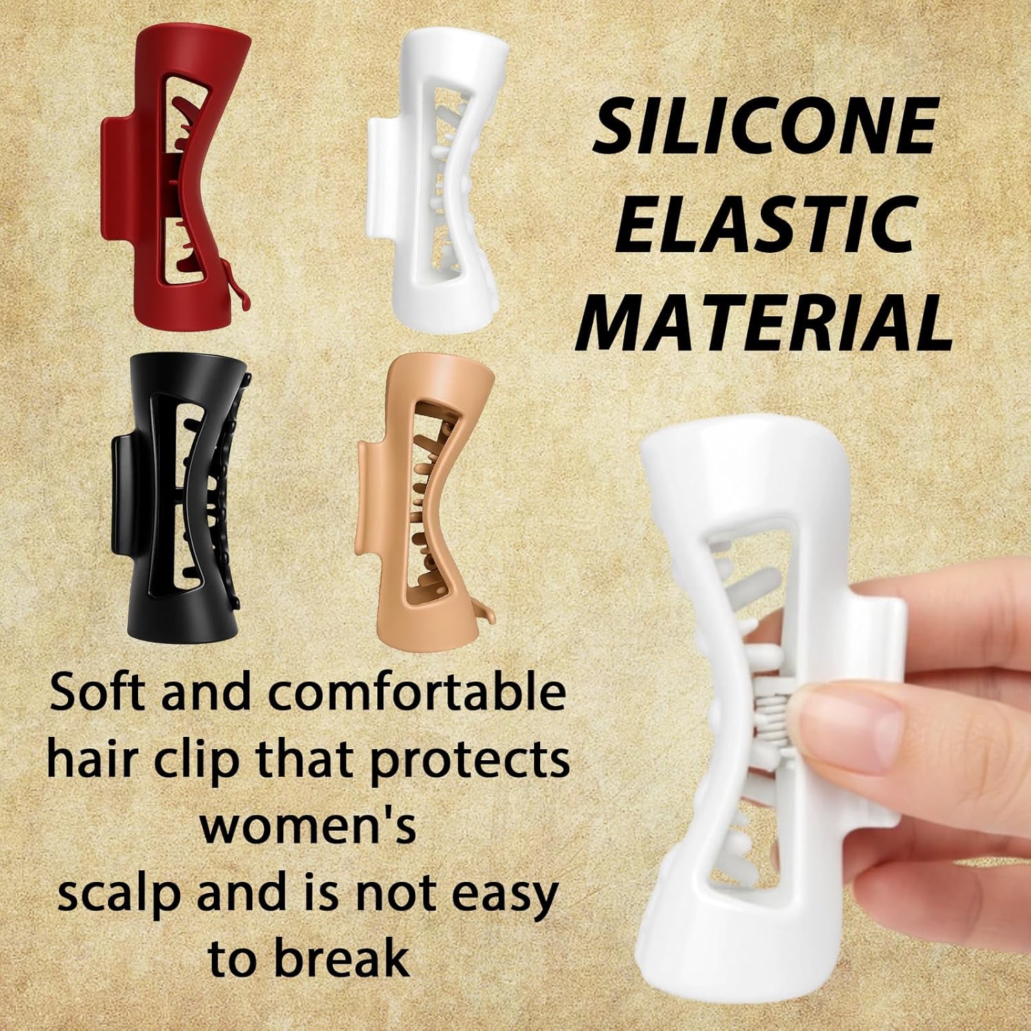 4 Pack Mello Claw Clip, Silicone Hair Clips, Flexible Hair Clip Set, Soft Round Clips for Everyday Use, Black, Red, Beige, Khaki