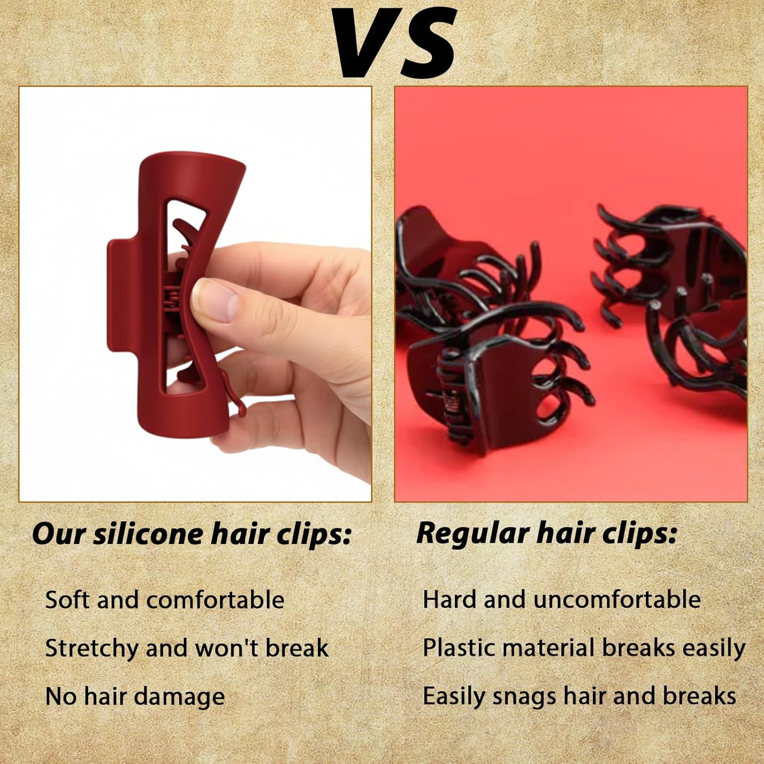 4 Pack Mello Claw Clip, Silicone Hair Clips, Flexible Hair Clip Set, Soft Round Clips for Everyday Use, Black, Red, Beige, Khaki